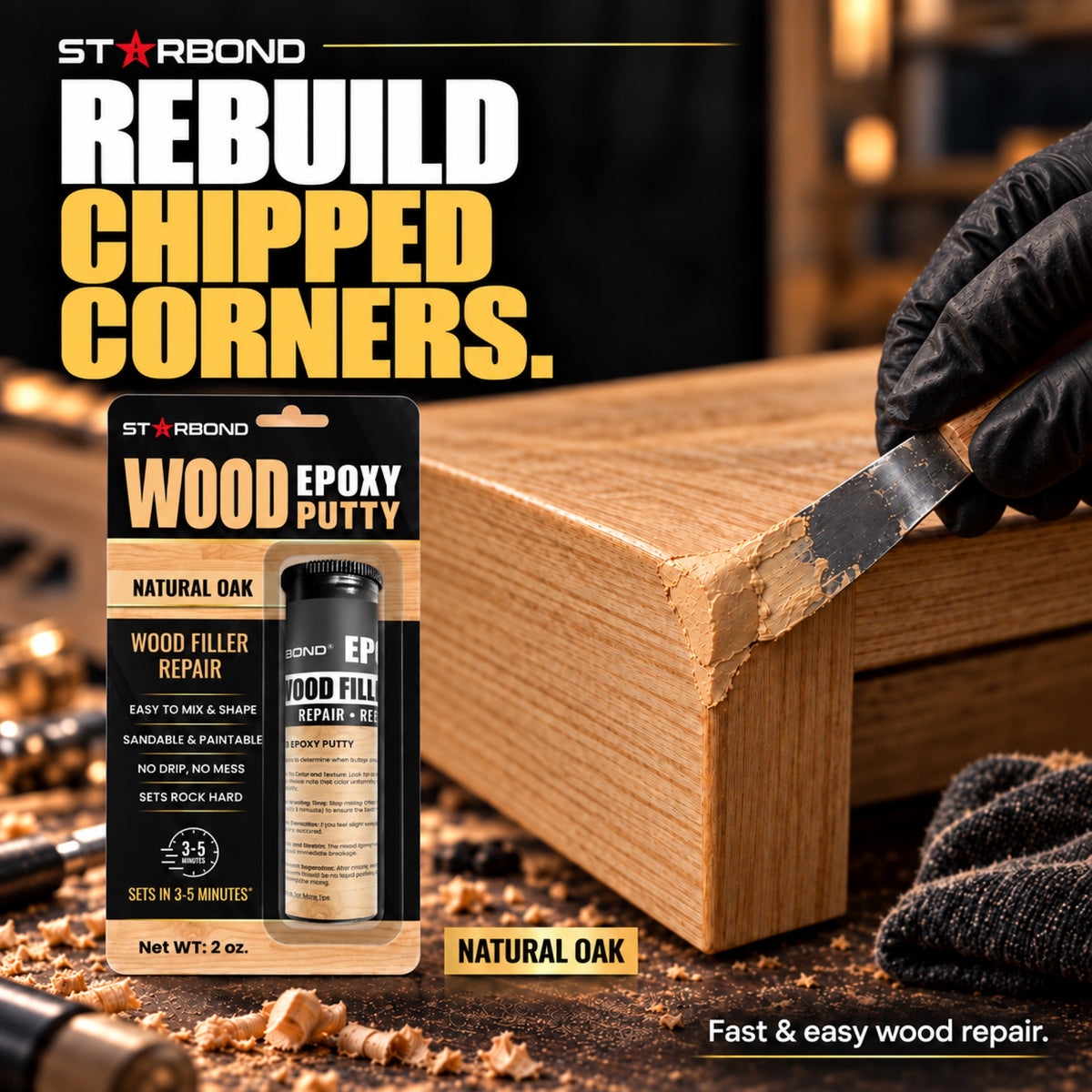 Starbond Natural Oak epoxy putty. Rebuild Chipped Corners infographic with an illustrated application.