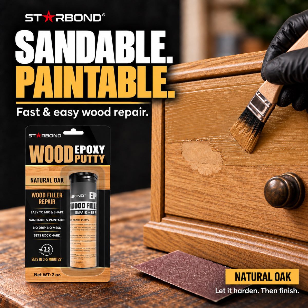 Starbond Natural Oak epoxy putty. Sandable and Paintable infographic illustrating a repair painted to match the surrounding surface.