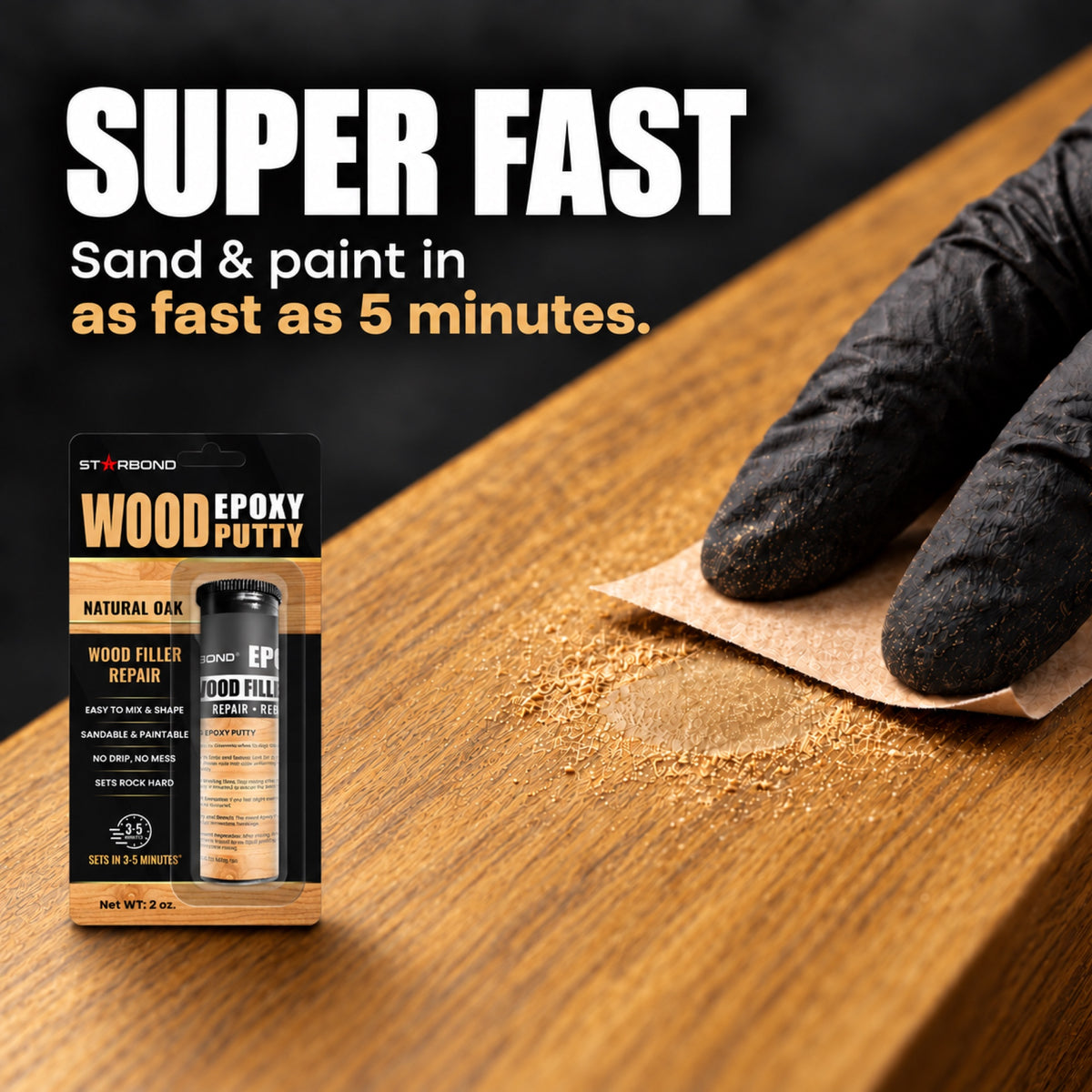 Starbond Natural Oak epoxy putty beside a close-up illustration of a gloved hand sanding a matching repair.