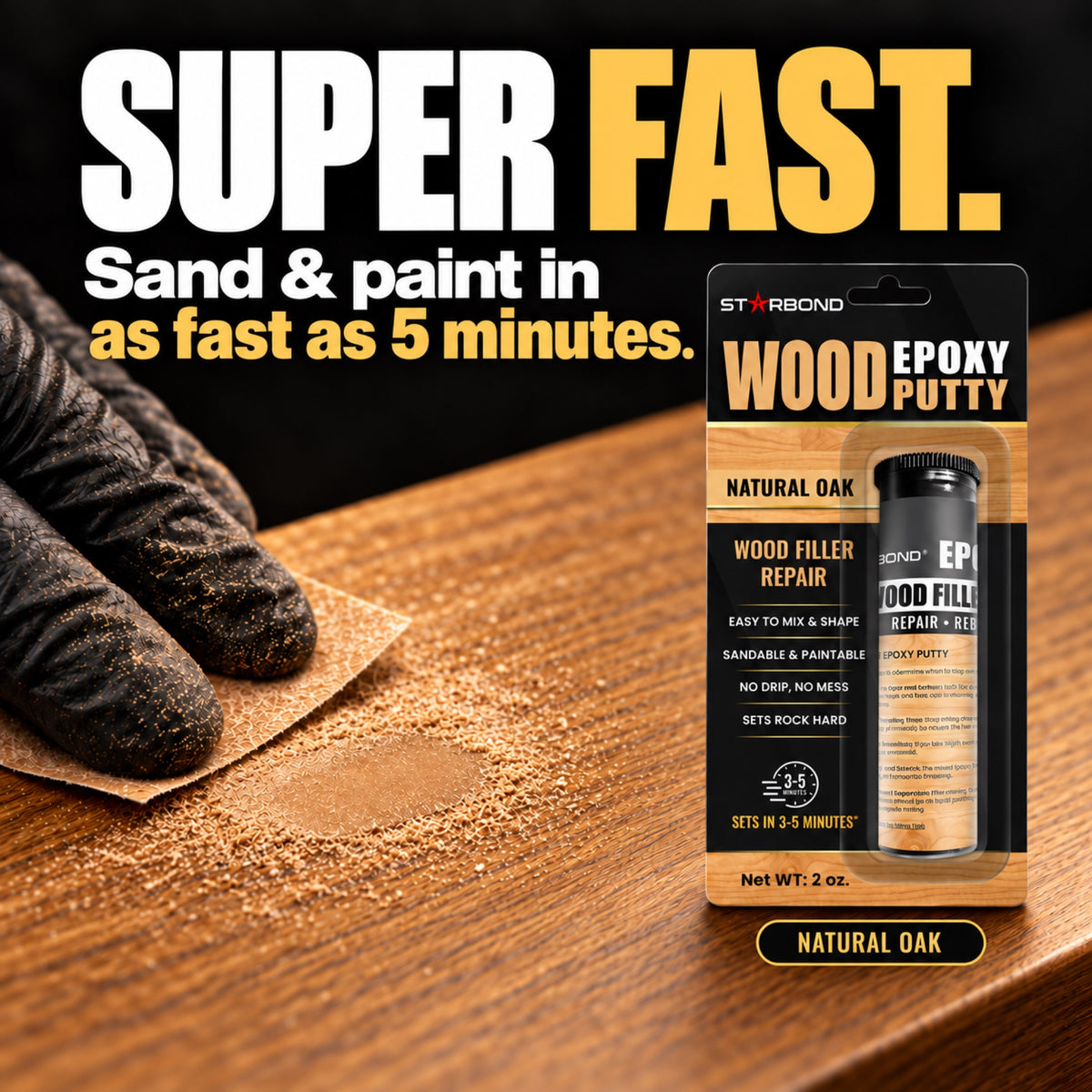 Starbond Natural Oak epoxy putty. Super Fast infographic with an illustrated sanding demonstration.