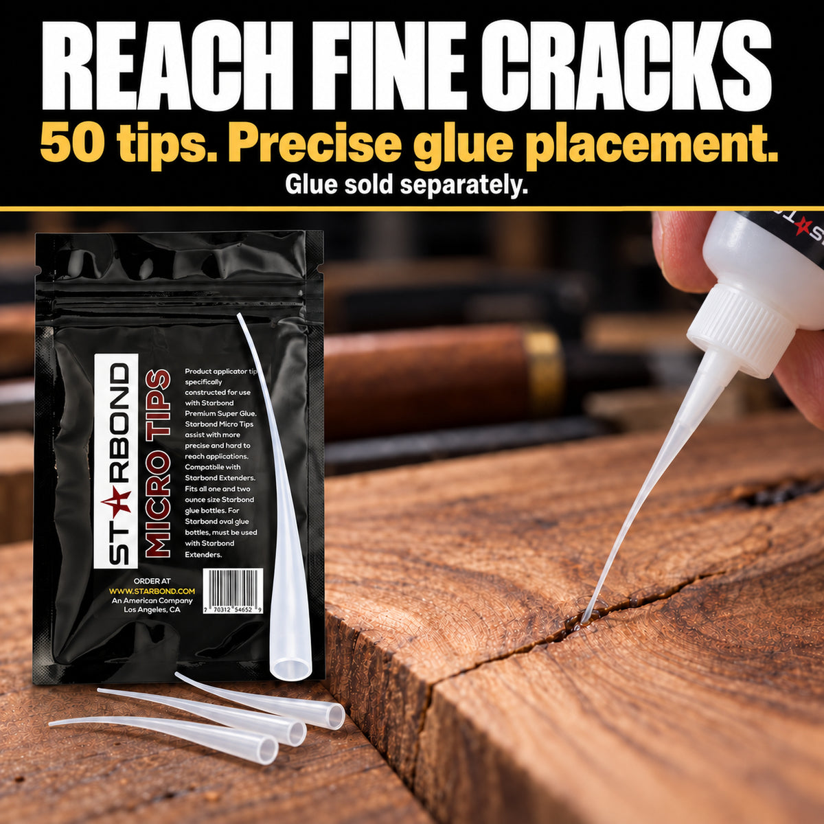 Starbond precision microtips 50-pack beside a close-up of a translucent extension fitted over the short white bottle nozzle, placing a small amount of glue into a fine wood crack. Glue sold separately.