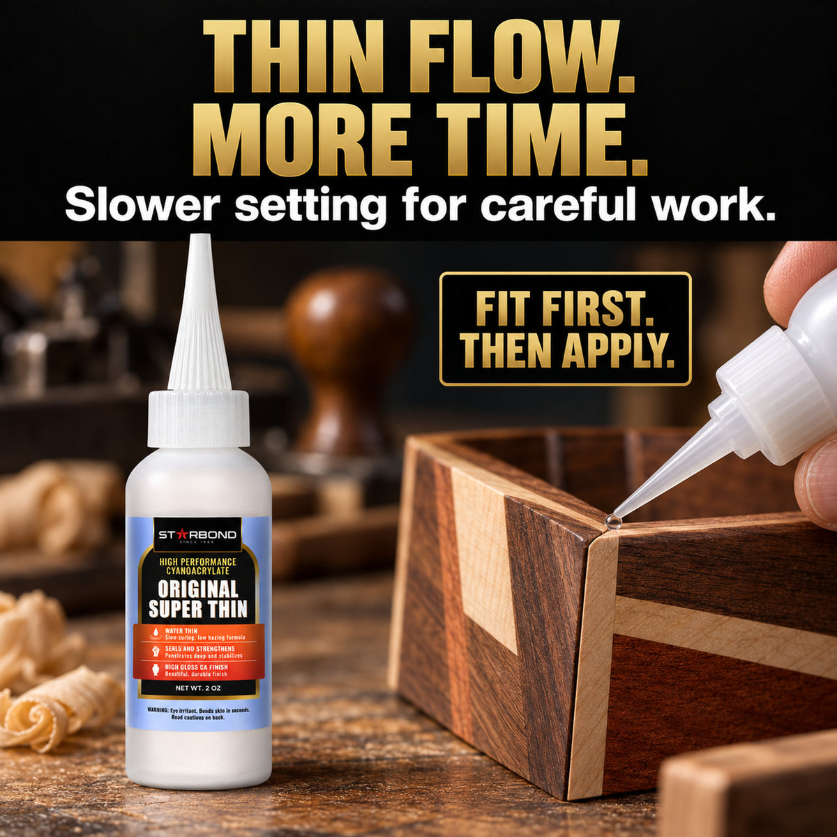 Original Thin CA glue beside a close-fitting wooden assembly, with a microtip applying a small drop to the seam.