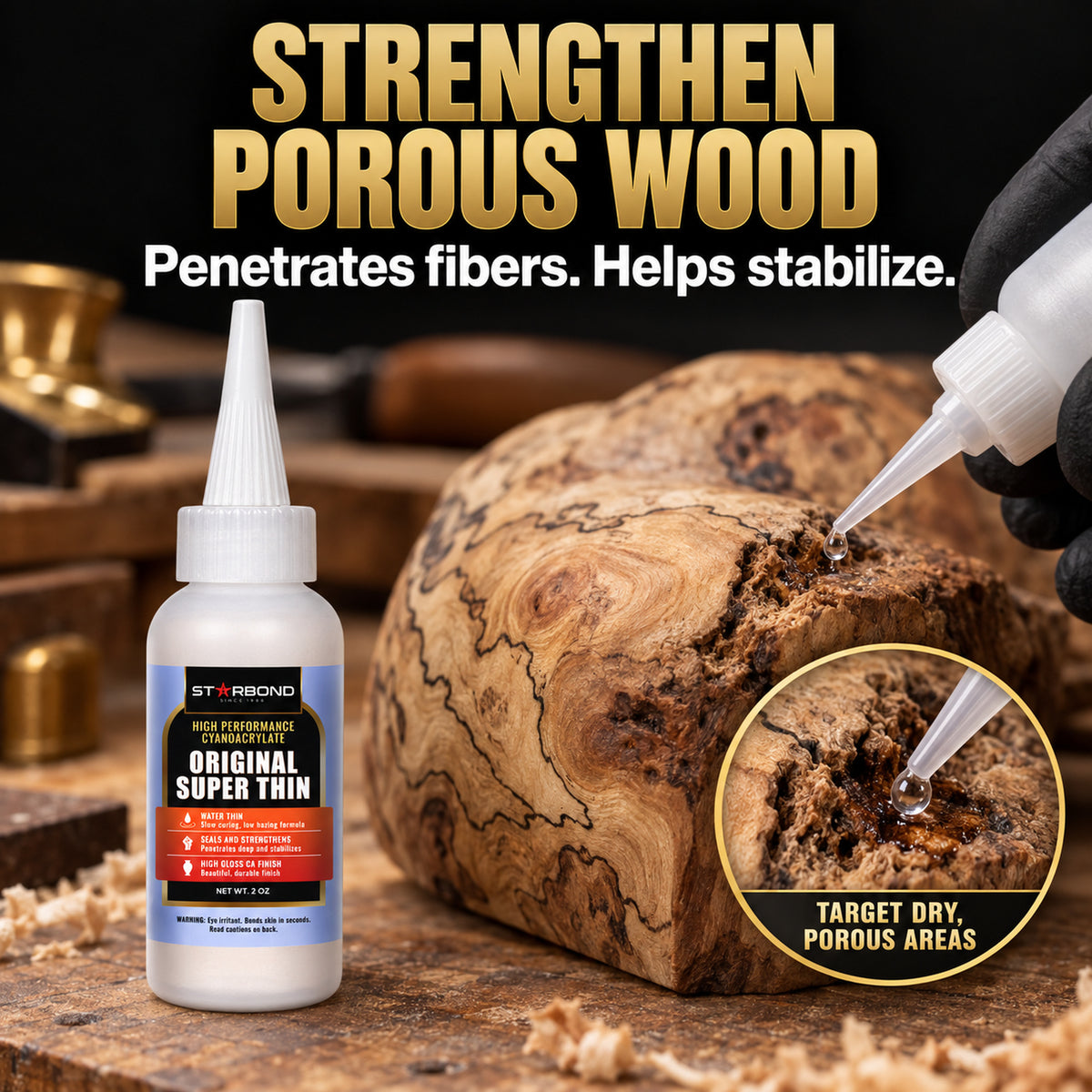 Original Thin CA glue being applied to a localized porous area of a decorative spalted wood blank.