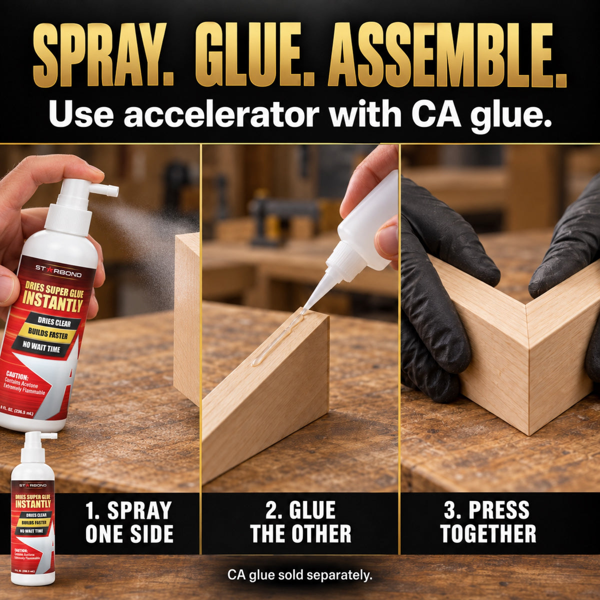 Three-step Starbond pump accelerator infographic: spray one mating surface, apply CA glue to the other, then press together.