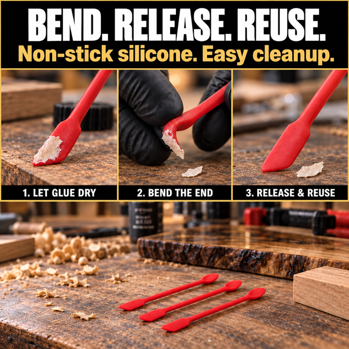 Red silicone spatula cleanup sequence: let glue dry, bend the flexible end, release the dried glue, and reuse.