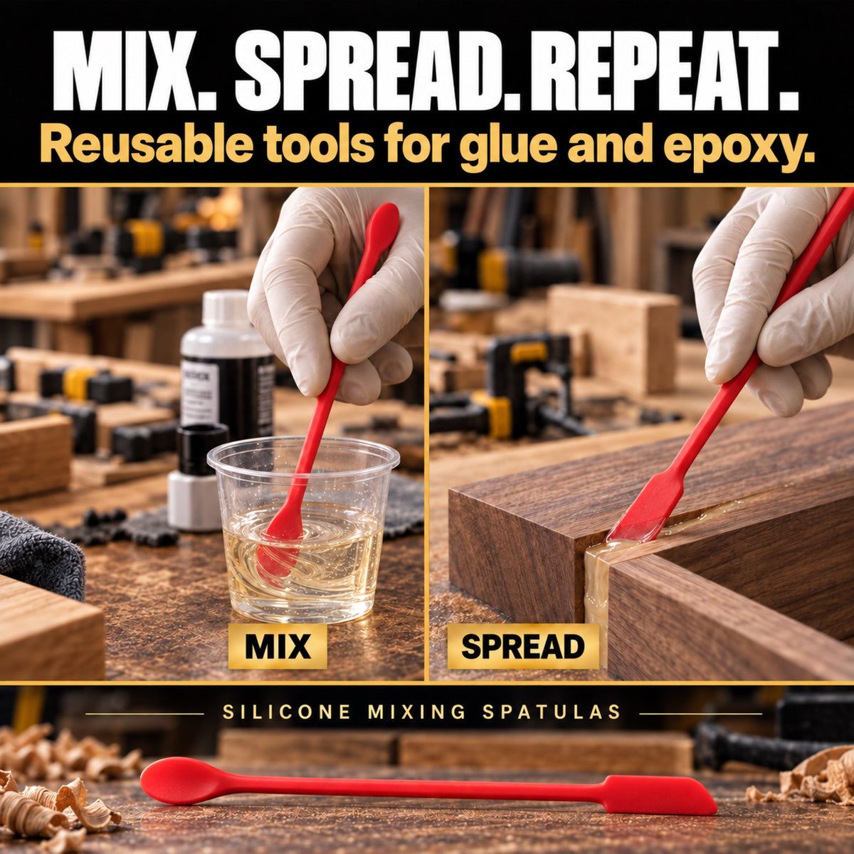 A slim red silicone spatula mixing epoxy and spreading adhesive into a wood joint.