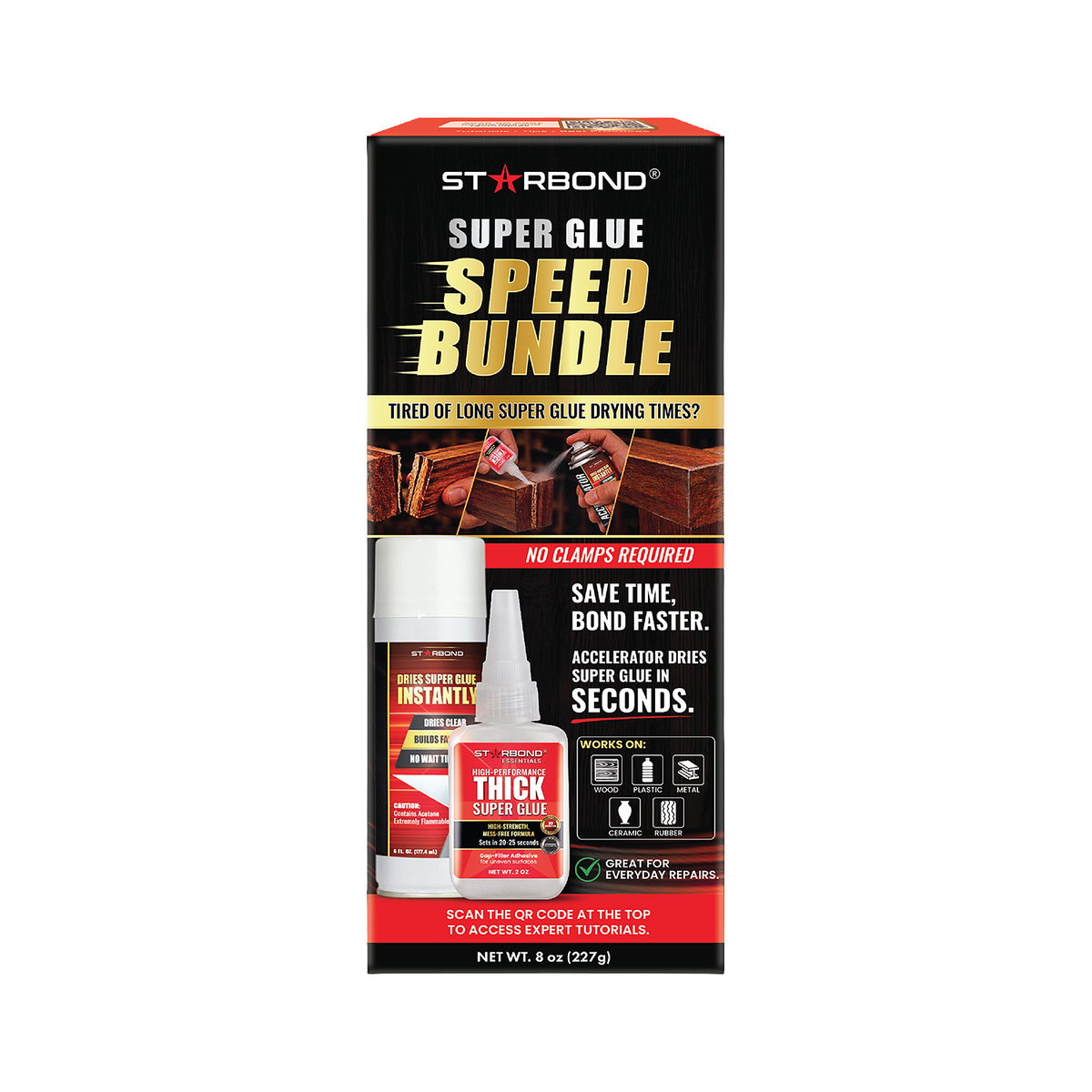 Starbond Speed Bundle packaging with 2 oz Thick Super Glue and 6 oz Aerosol Accelerator.