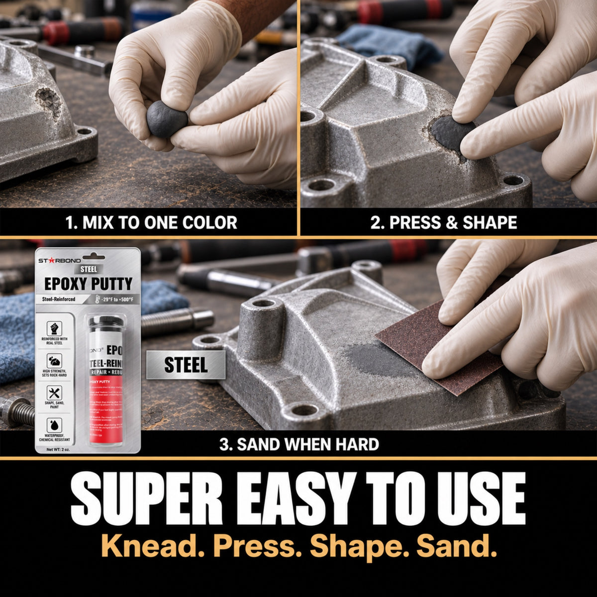 Starbond STEEL epoxy putty mixing, shaping and sanding infographic with matching product packaging.