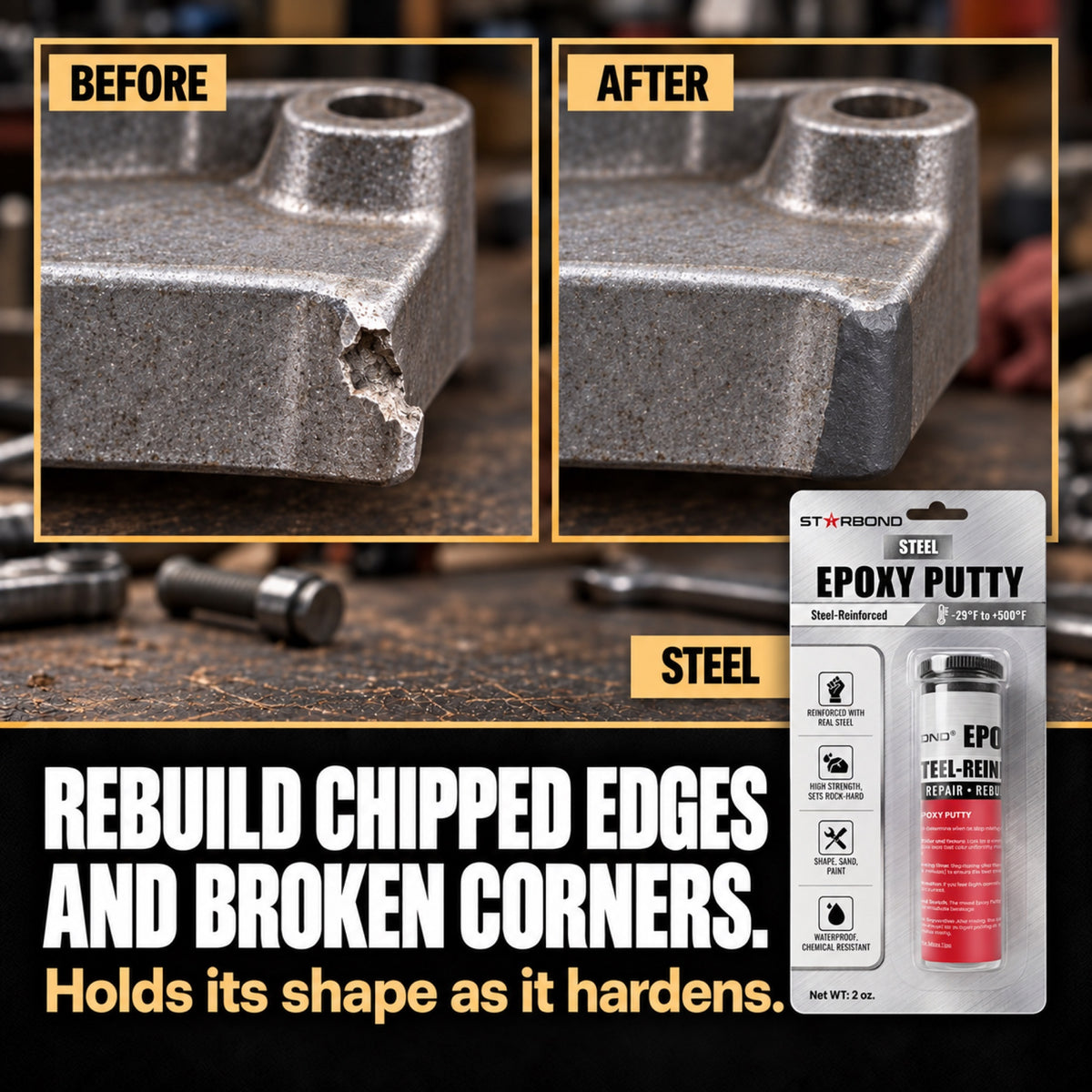 Starbond STEEL epoxy putty chipped corner repair illustration with matching product packaging.