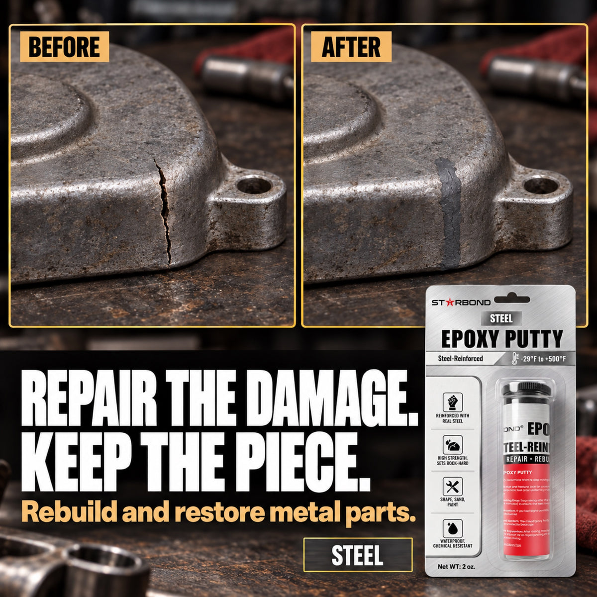 Starbond STEEL epoxy putty crack repair illustration with matching product packaging.