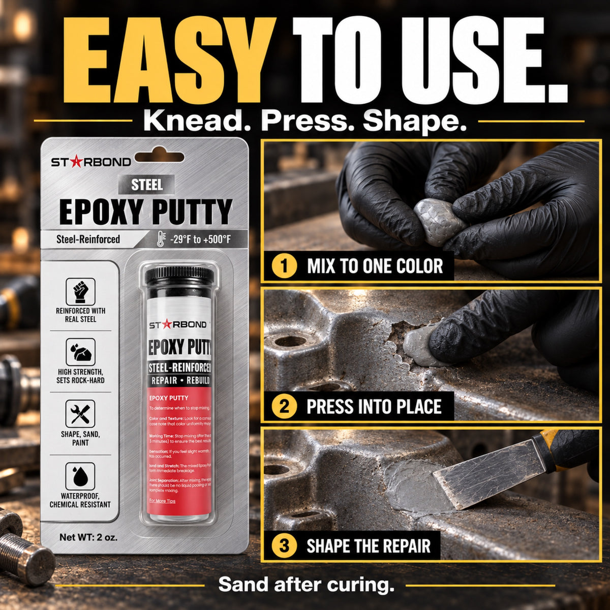 Starbond Steel epoxy putty. Easy to Use infographic illustrating mixing, pressing and shaping a repair.