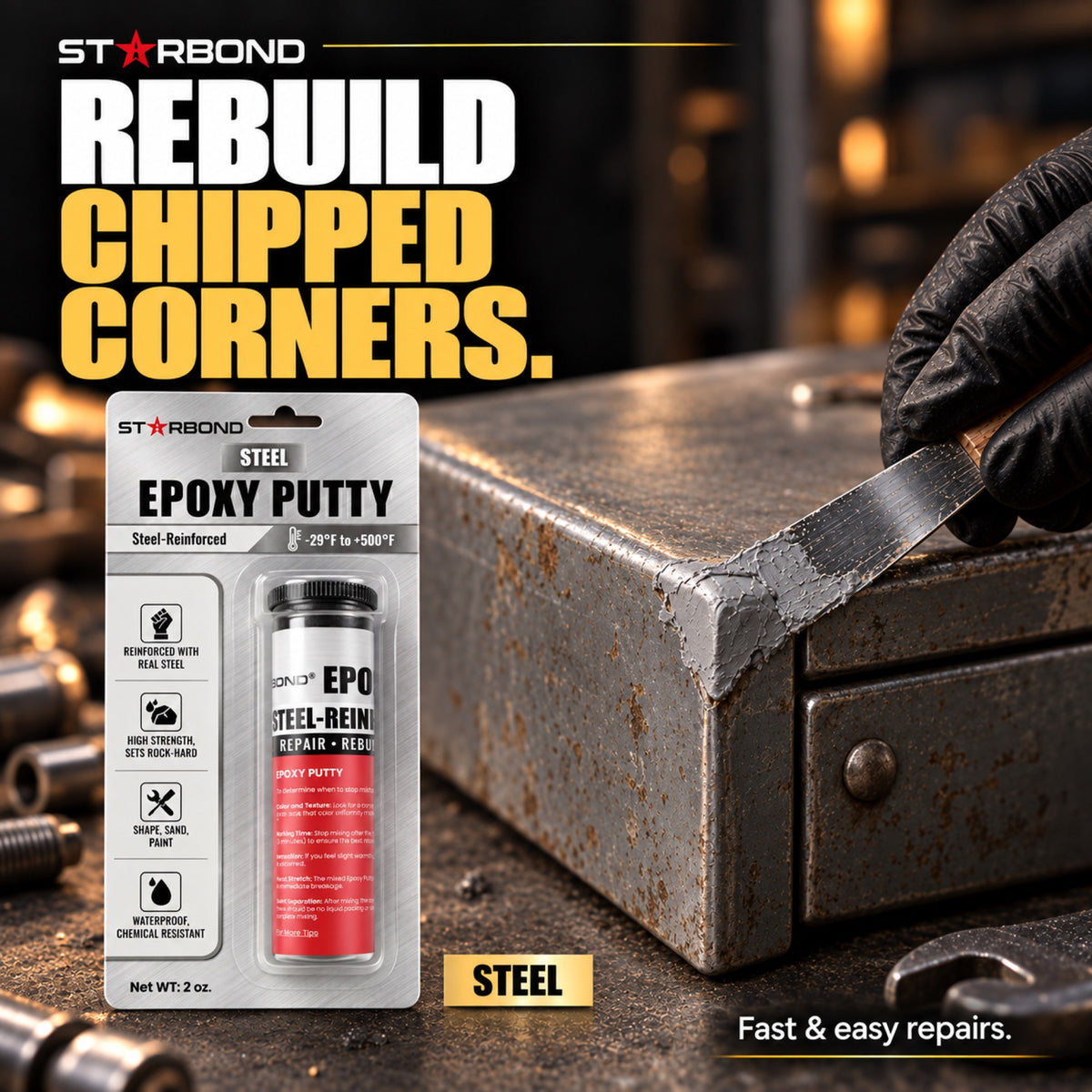 Starbond Steel epoxy putty. Rebuild Chipped Corners infographic with an illustrated application.