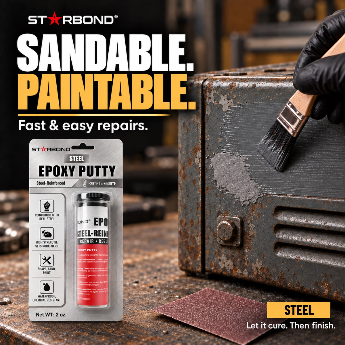 Starbond Steel epoxy putty. Sandable and Paintable infographic illustrating a repair painted to match the surrounding surface.