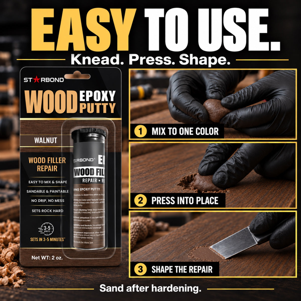 Starbond Walnut epoxy putty. Easy to Use infographic illustrating mixing, pressing and shaping a repair.