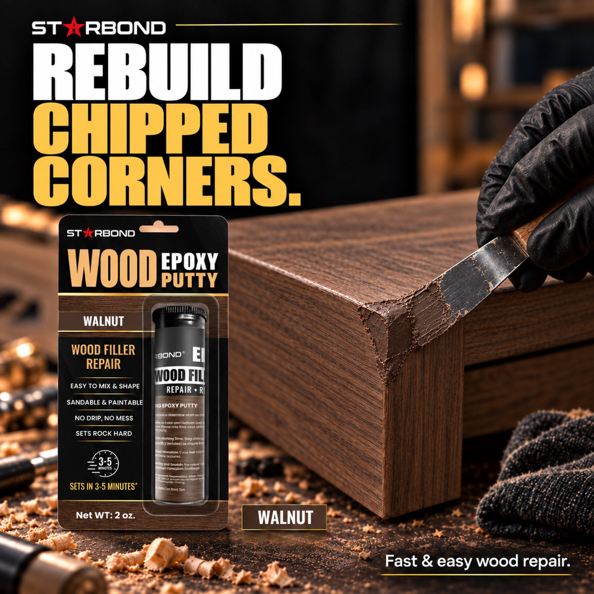 Starbond Walnut epoxy putty. Rebuild Chipped Corners infographic with an illustrated application.