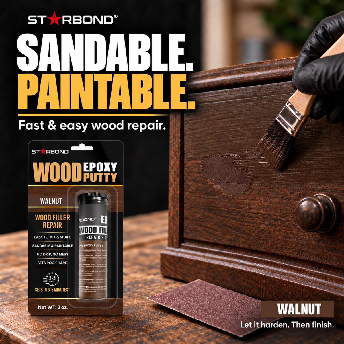 Starbond Walnut epoxy putty. Sandable and Paintable infographic illustrating a repair painted to match the surrounding surface.