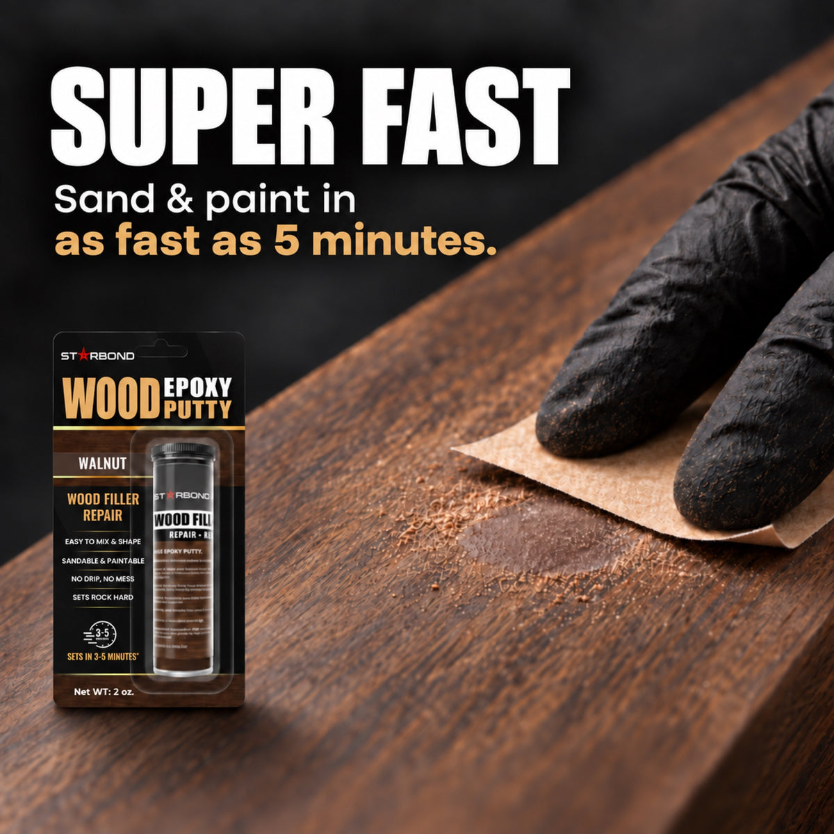 Starbond Walnut epoxy putty beside a close-up illustration of a gloved hand sanding a matching wood repair.