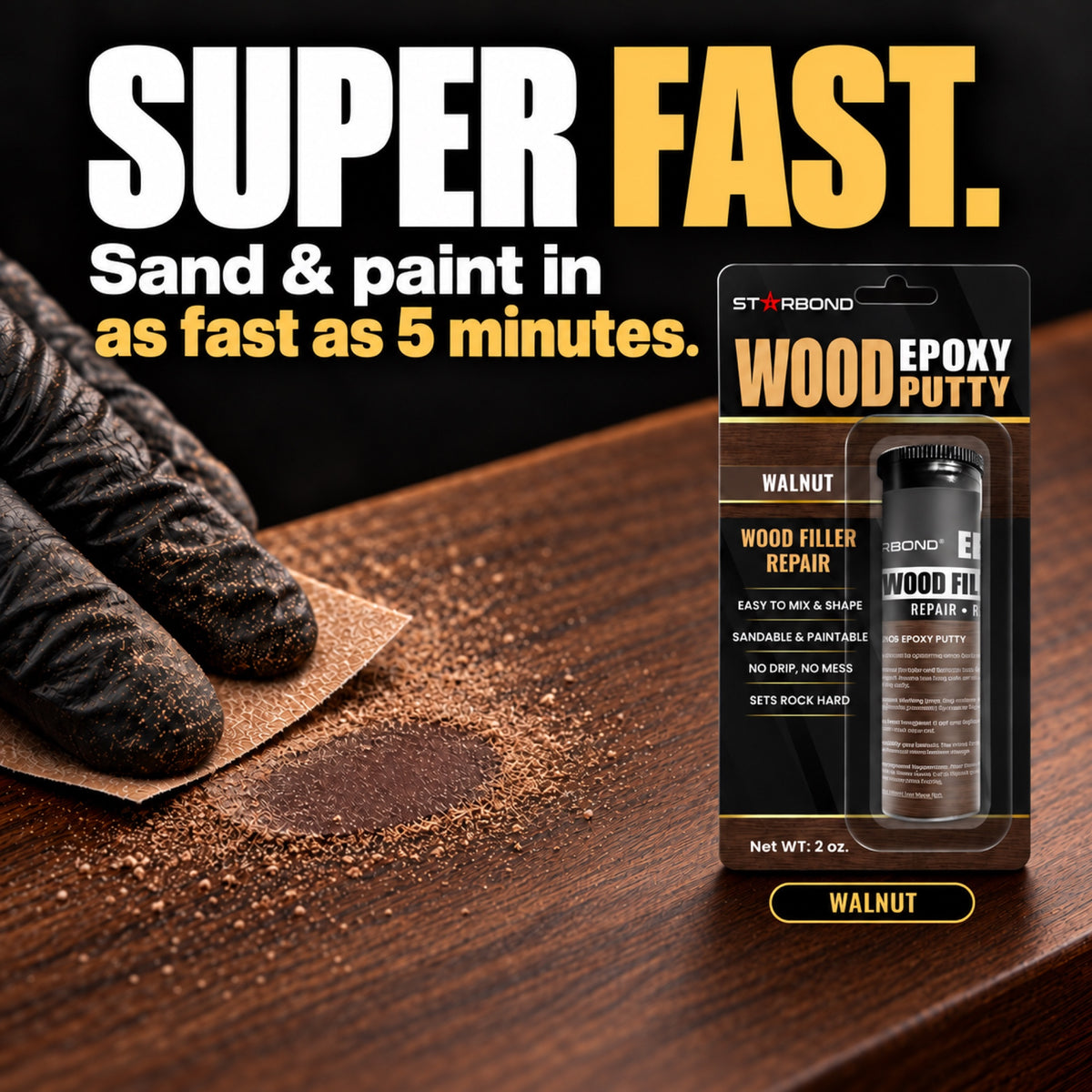 Starbond Walnut epoxy putty. Super Fast infographic with an illustrated sanding demonstration.