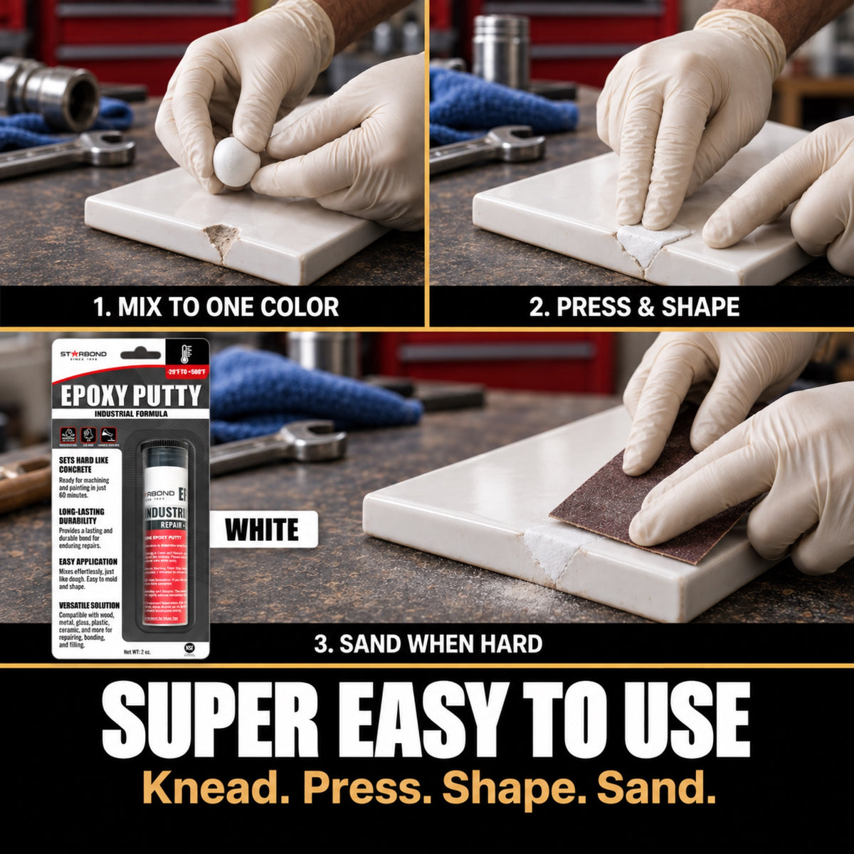 Starbond WHITE epoxy putty mixing, shaping and sanding infographic with matching product packaging.