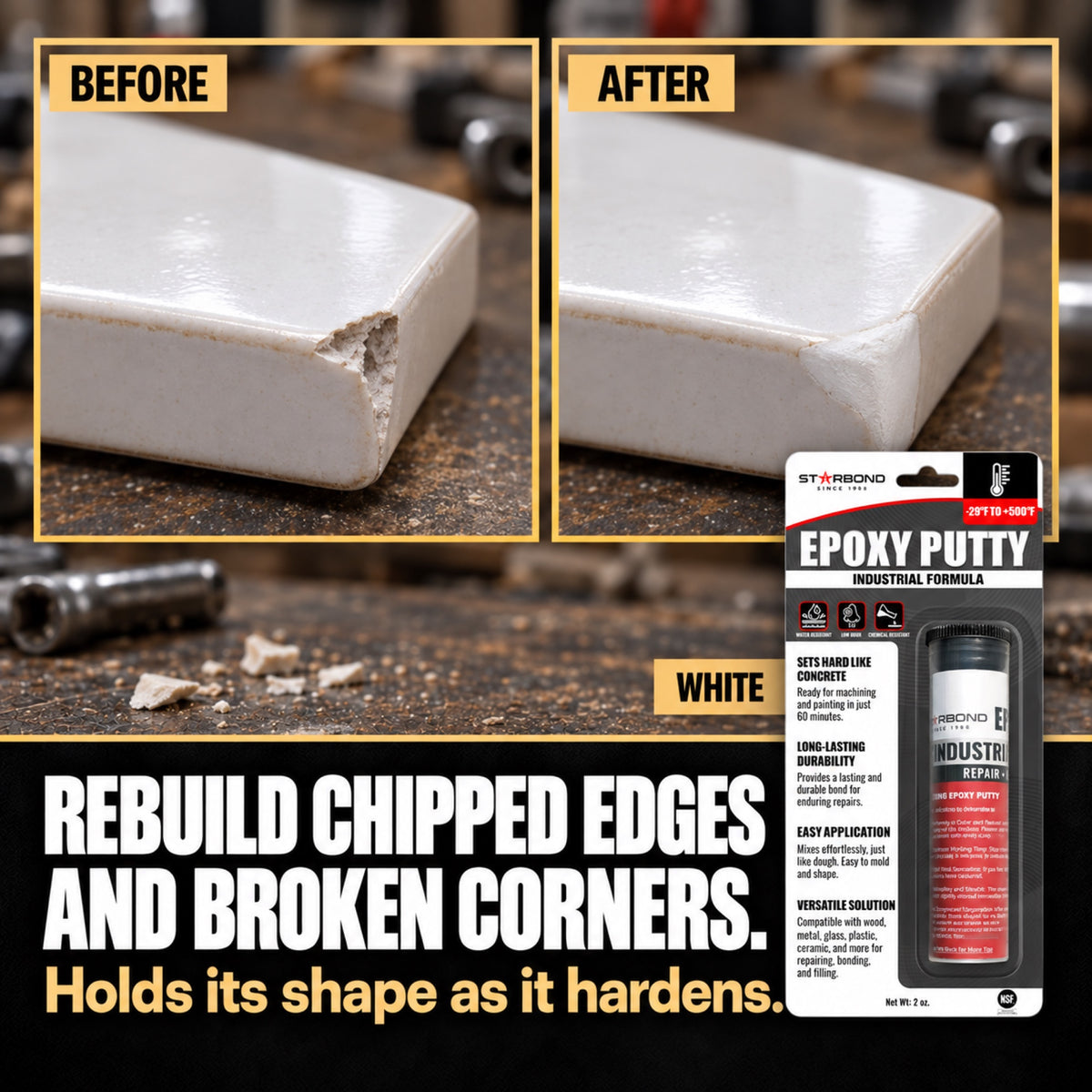 Starbond WHITE epoxy putty chipped corner repair illustration with matching product packaging.