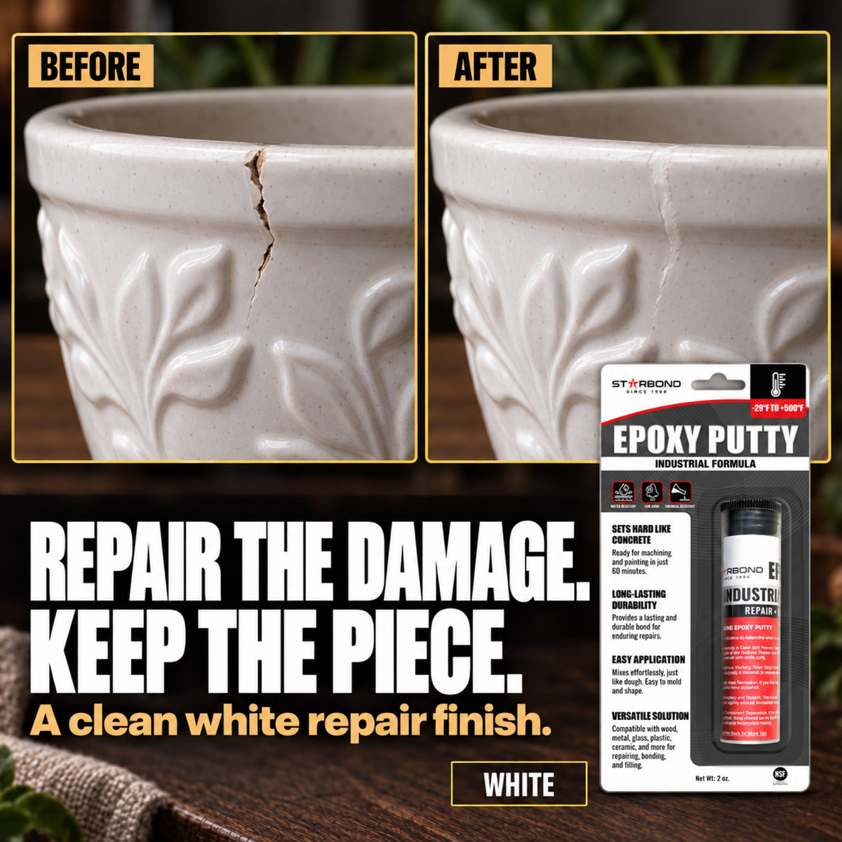 Starbond WHITE epoxy putty crack repair illustration with matching product packaging.