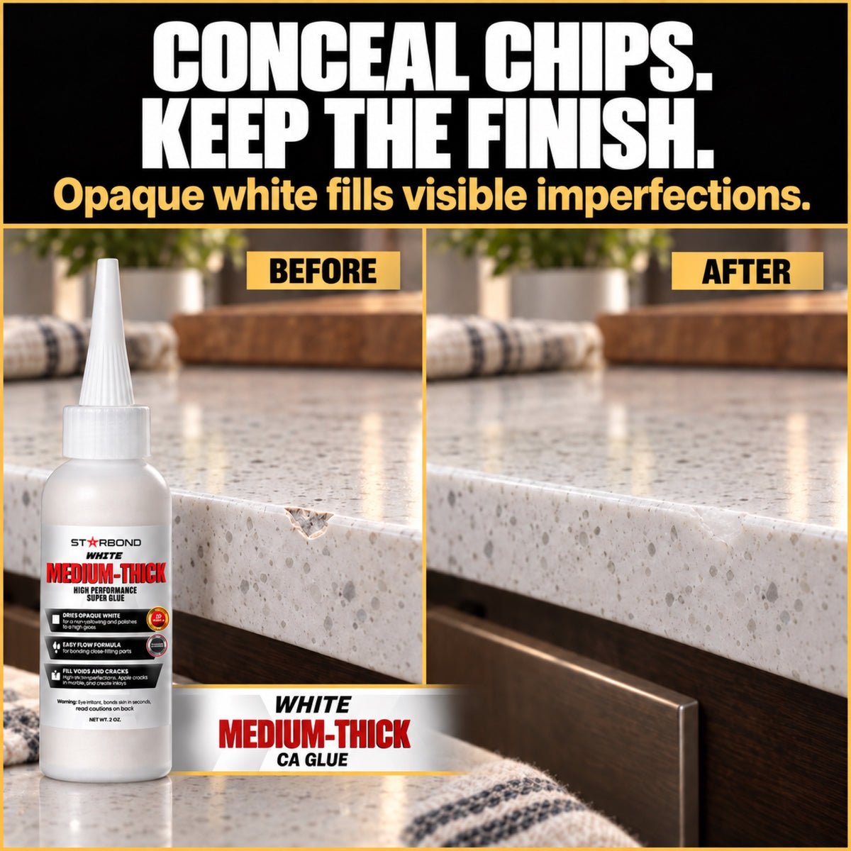 White Medium-Thick CA Glue beside an illustrative before-and-after repair of a small white quartz countertop chip.