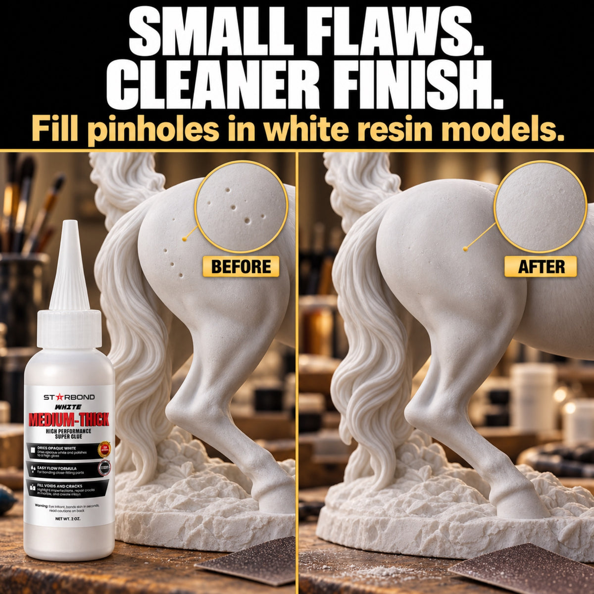 White CA Glue with an illustrative before-and-after showing filled pinholes on a white cast-resin horse model.