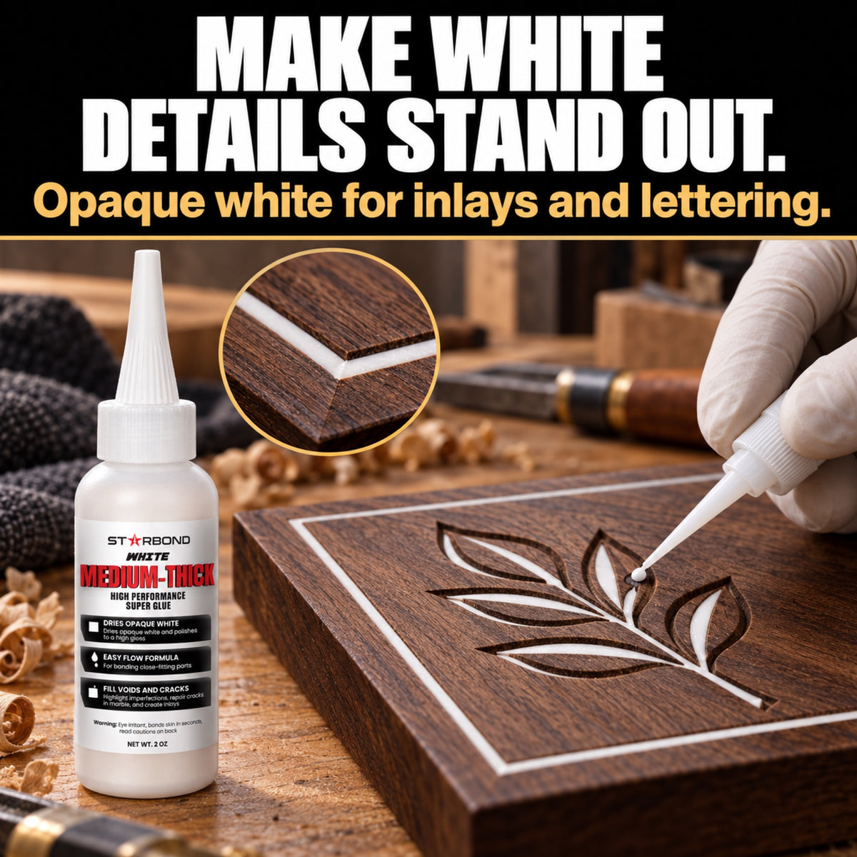 White Medium-Thick CA Glue applied to decorative white inlay channels on a dark wood plaque.