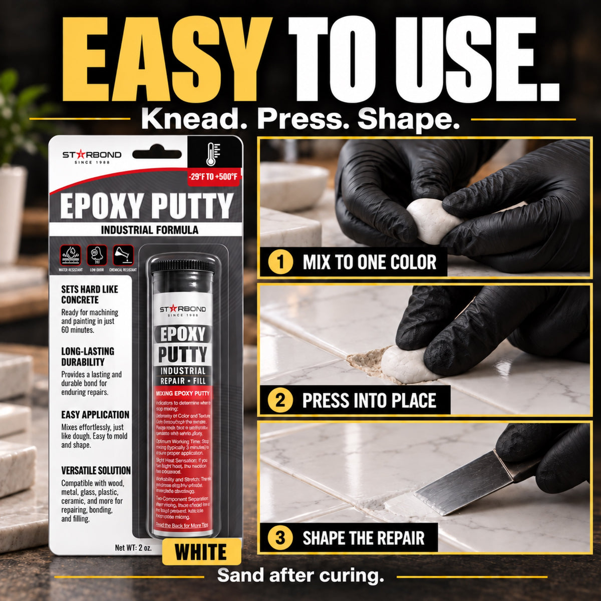 Starbond White epoxy putty. Easy to Use infographic illustrating mixing, pressing and shaping a repair.