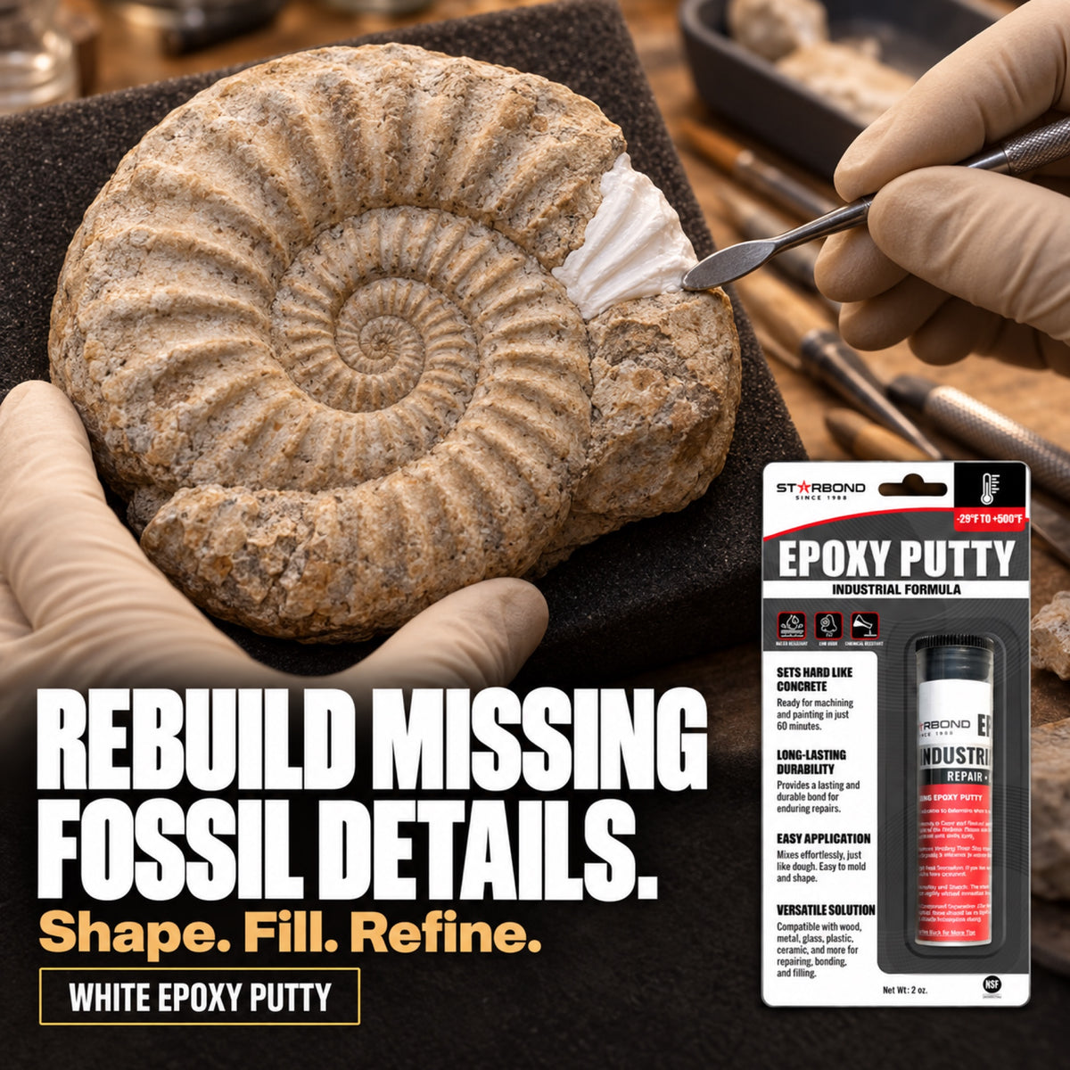 Illustrative White epoxy putty reconstruction of a small missing outer edge on an ammonite display fossil, with Starbond product packaging.
