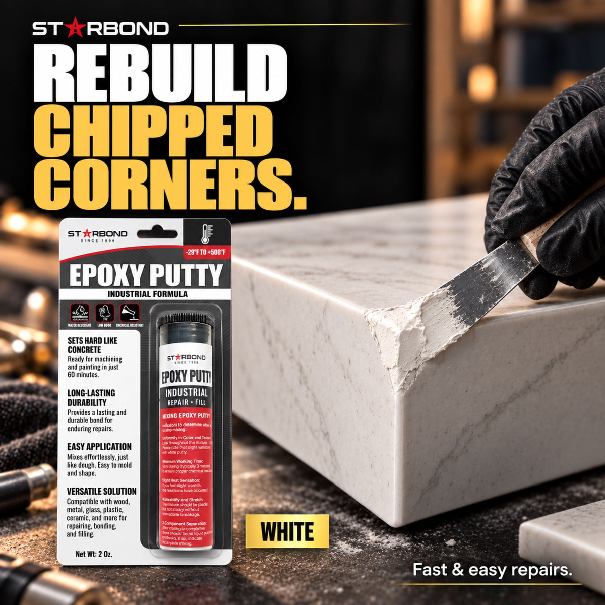 Starbond White epoxy putty. Rebuild Chipped Corners infographic with an illustrated application.