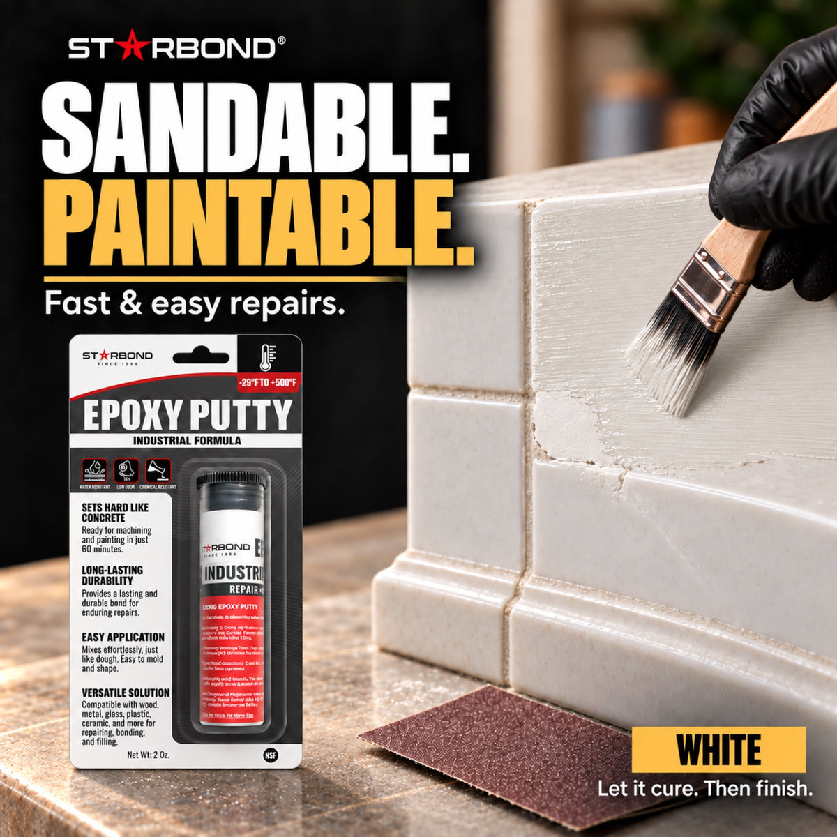 Starbond White epoxy putty. Sandable and Paintable infographic illustrating a repair painted to match the surrounding surface.
