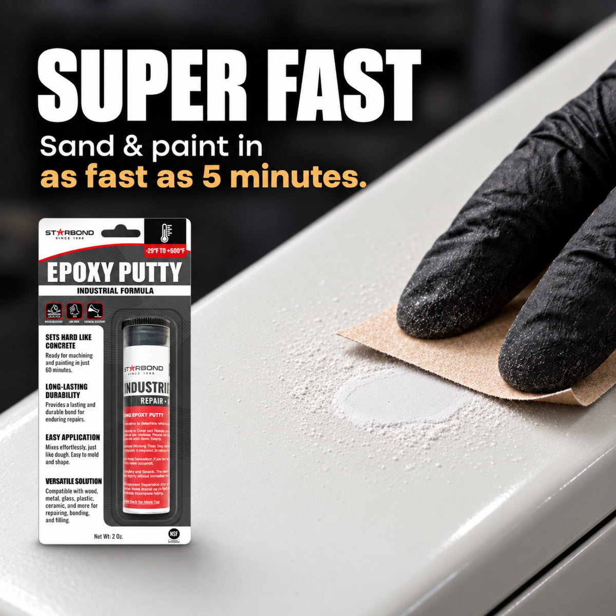 Starbond White epoxy putty beside a close-up illustration of a gloved hand sanding a matching repair.