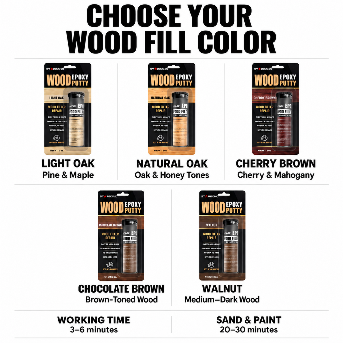 Choose Your Wood Fill Color: Light Oak; Natural Oak; Cherry Brown; Chocolate Brown; Walnut.