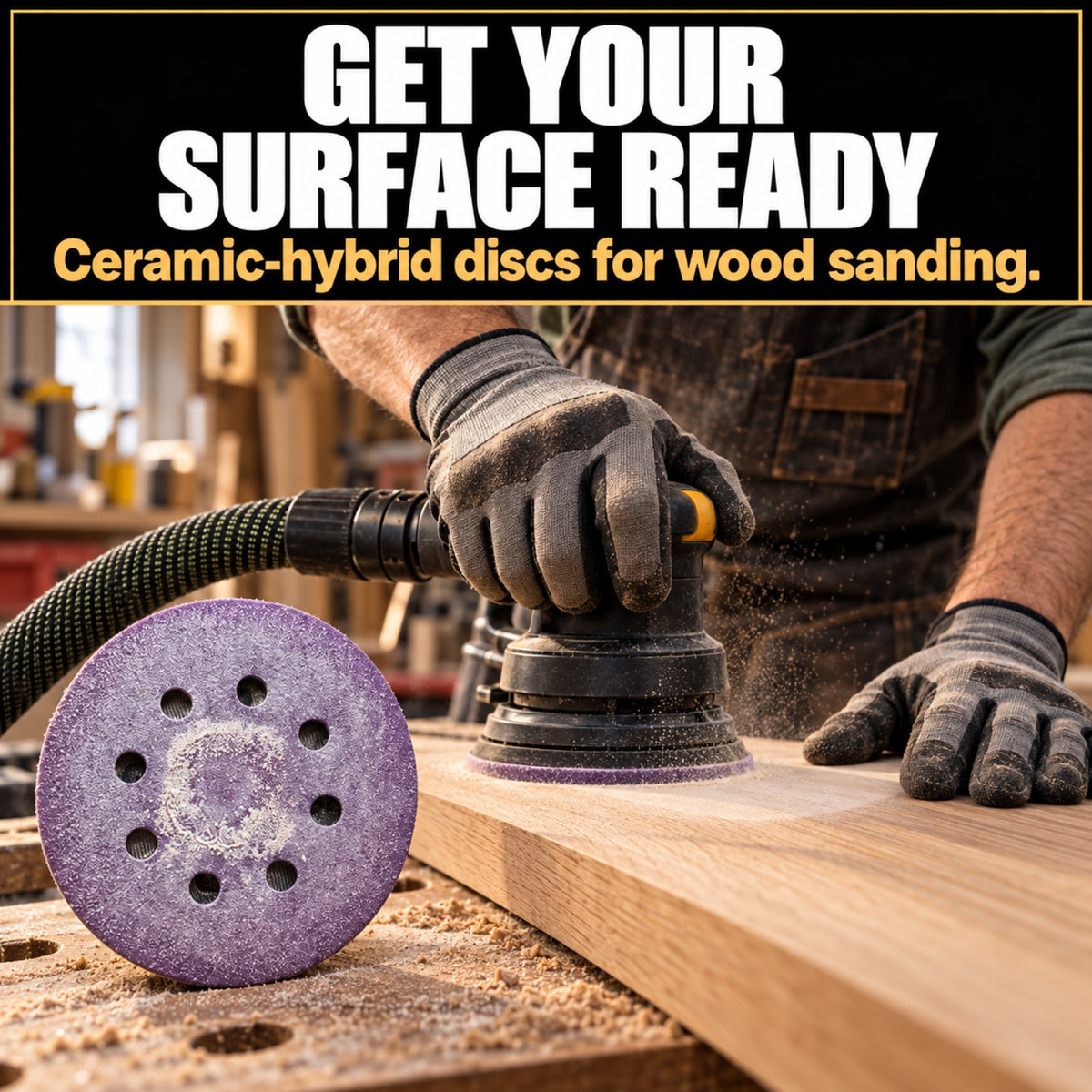 Purple eight-hole Z9 sanding disc beside an orbital sander preparing a wood board.