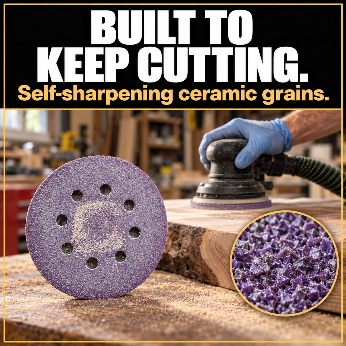 Purple eight-hole Z9 disc with an illustrative abrasive-texture close-up and wood-sanding scene.