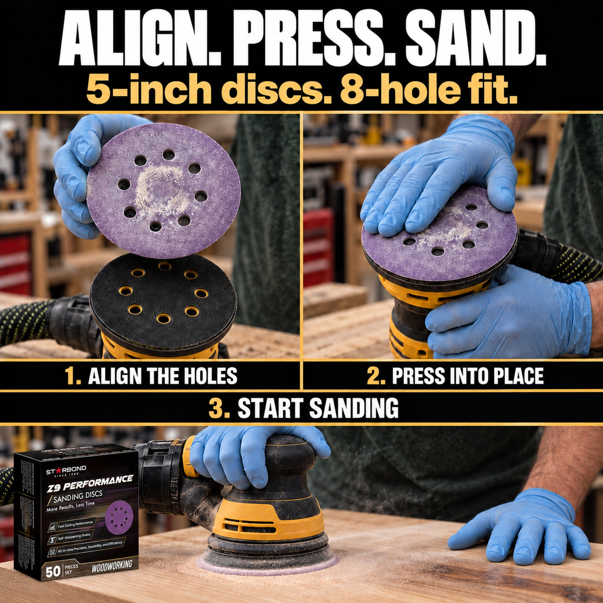 How to fit Starbond 5-inch 8-hole sanding discs: align the holes, press into place, then start sanding.