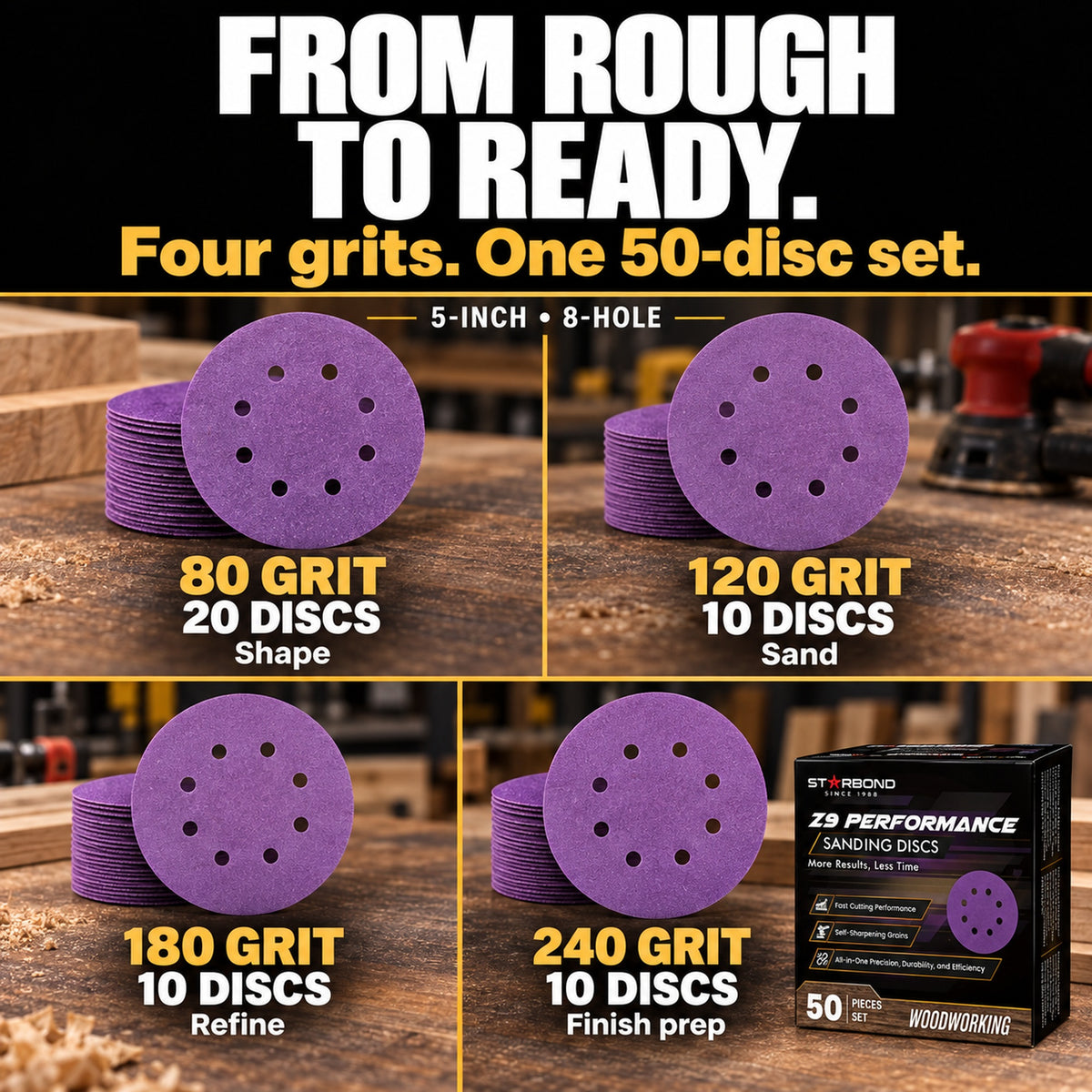 Starbond 5-inch 8-hole Z9 50-disc set: 20 of 80 grit and 10 each of 120, 180 and 240 grit.