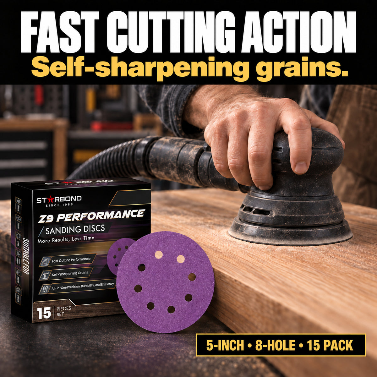 Starbond Z9 5-inch, 8-hole, 15 pack sanding discs beside a random-orbit sander on wood. Fast cutting action from self-sharpening grains.