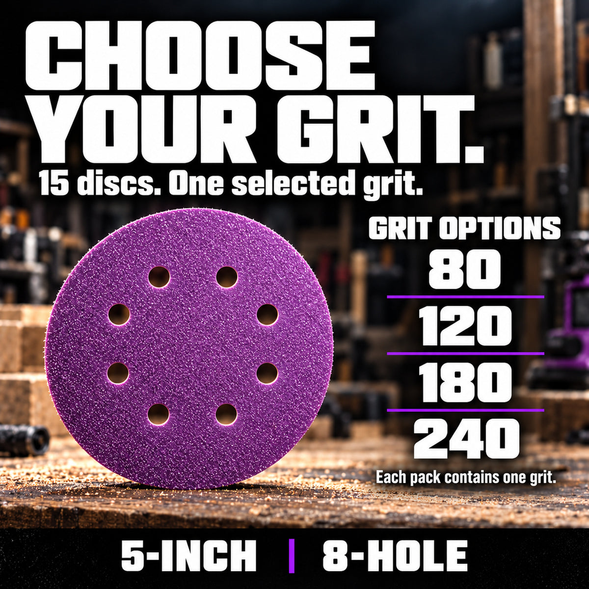 Z9 5-inch 8-hole sanding disc with 15-pack grit choices: 80, 120, 180 or 240. Each pack contains one selected grit.