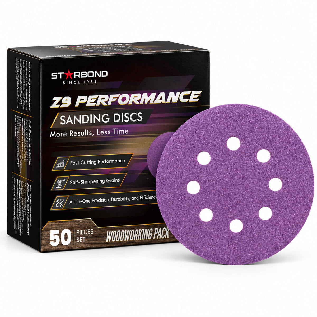 Starbond Z9 Performance 50-piece pack with a purple 5-inch, eight-hole sanding disc on a white studio background.