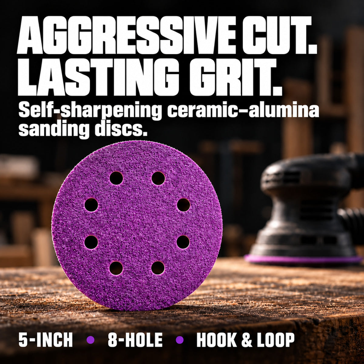 5-inch Z9 purple eight-hole sanding disc with self-sharpening ceramic-alumina message.