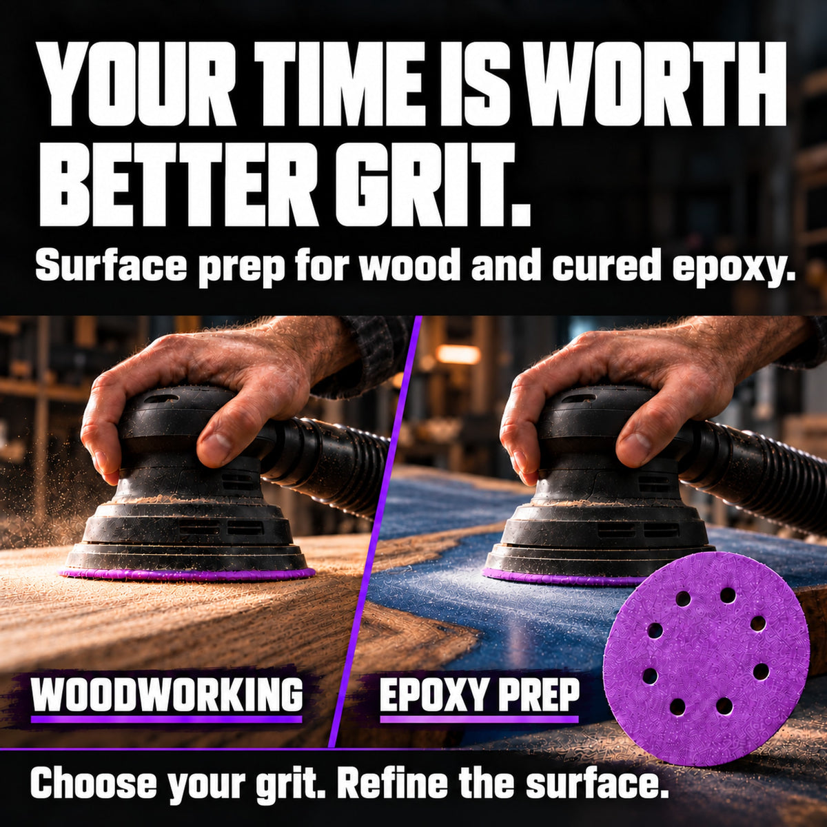 5-inch Z9 sanding applications on wood and cured solid epoxy, with a reminder to choose the appropriate grit.