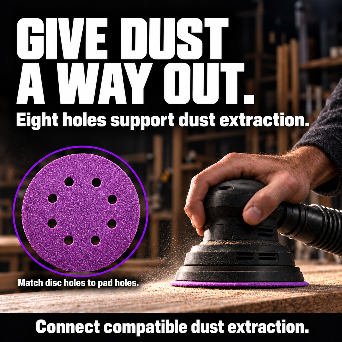 Eight-hole 5-inch Z9 disc and sander with extraction hose; match disc holes to pad holes.