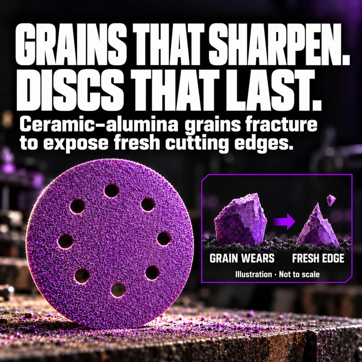 5-inch eight-hole Z9 disc beside an illustrative grain-fracture diagram showing a fresh cutting edge.