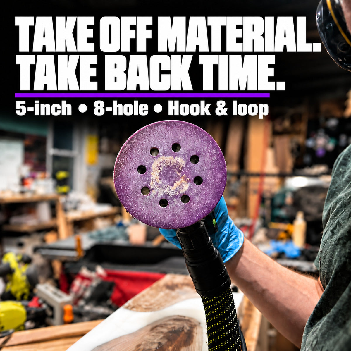 Workshop use of a 5-inch eight-hole Z9 sanding disc with hook-and-loop backing.