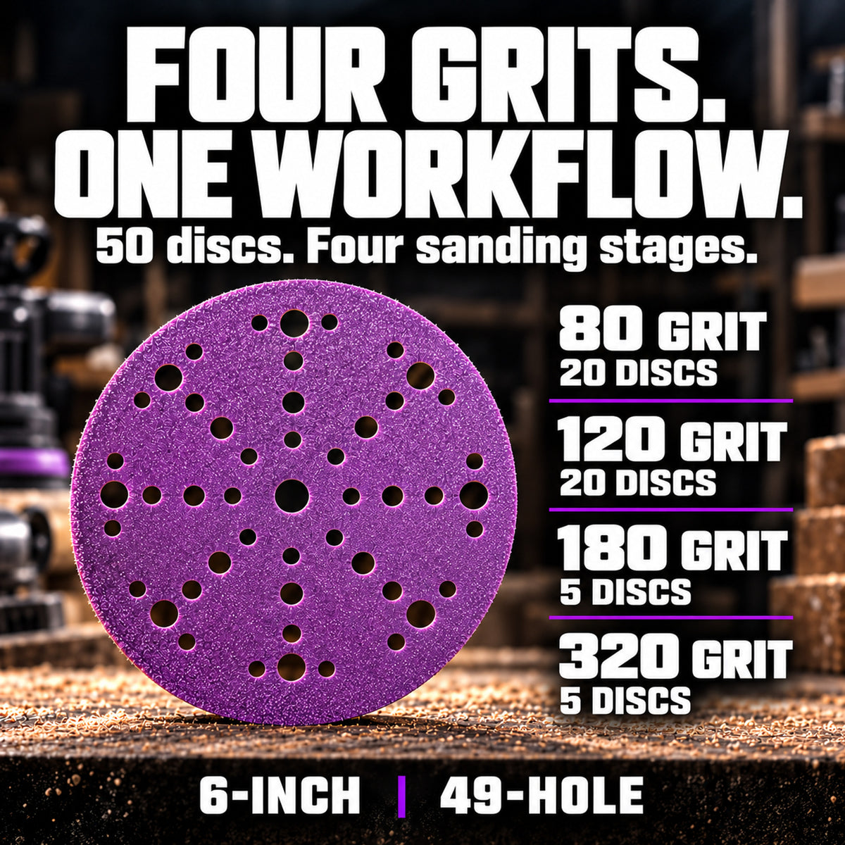 Z9 6-inch 49-hole sanding disc with 50-pack contents: 20 discs each of 80 and 120 grit, five each of 180 and 320 grit.