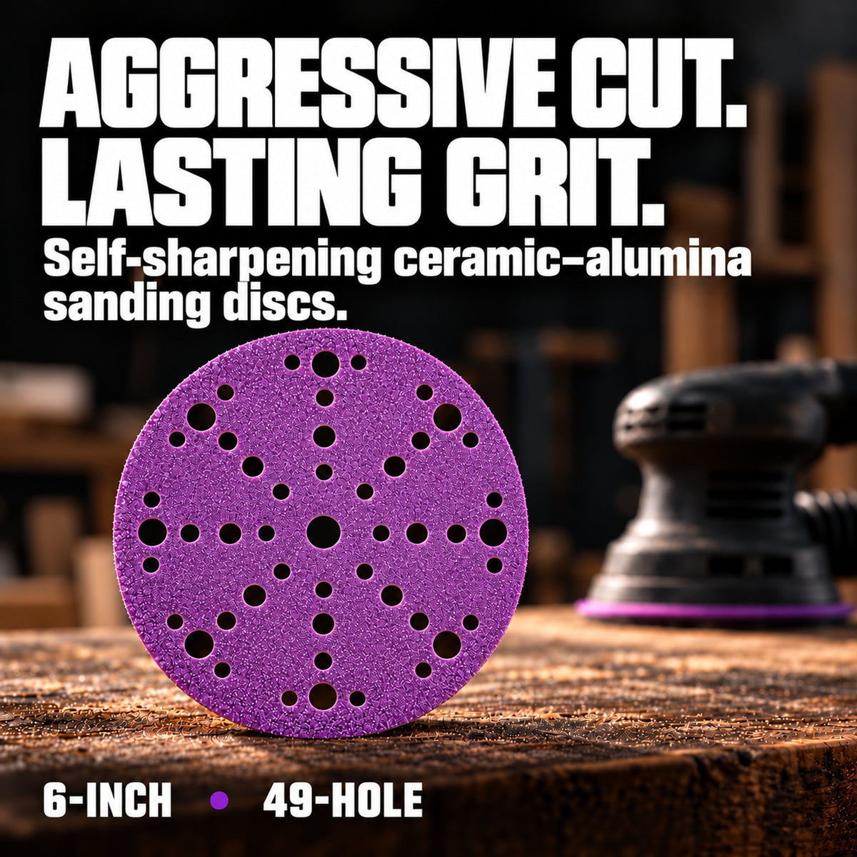 Purple Z9 6-inch 49-hole ceramic-alumina sanding disc on a workbench with a sander behind it.