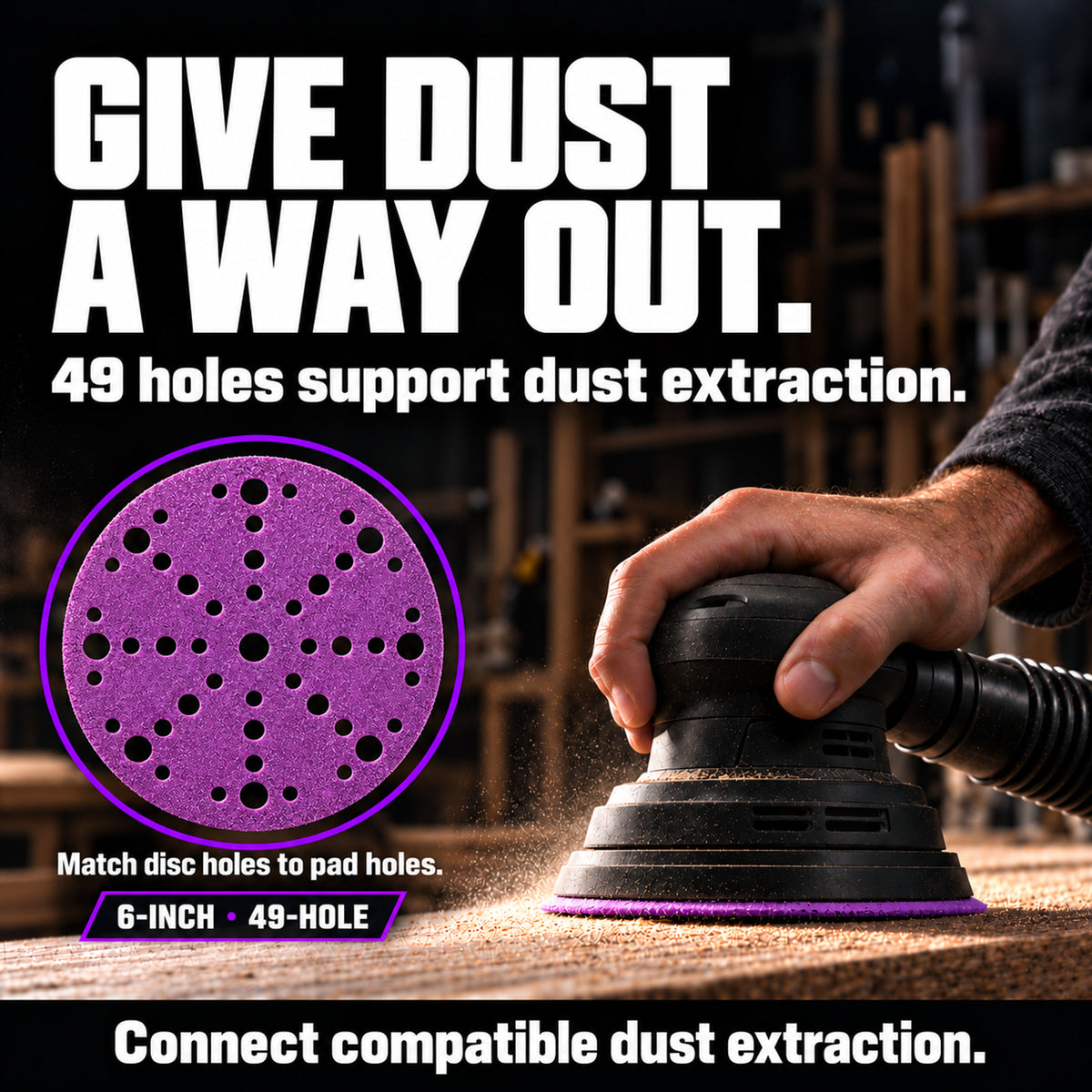 Z9 6-inch 49-hole sanding disc beside a sander connected to a dust-extraction hose, with pad-alignment guidance.