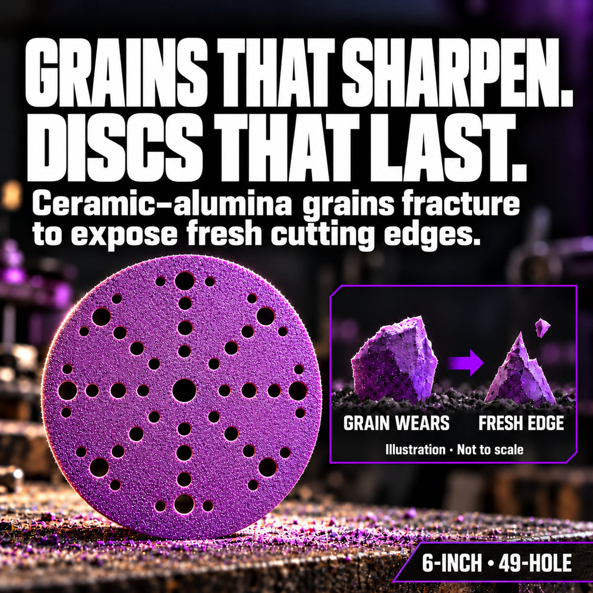 Z9 6-inch 49-hole sanding disc beside a conceptual illustration of abrasive grain fracturing to reveal a fresh cutting edge.